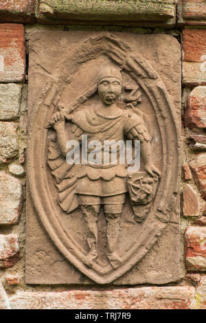 Edzell Castle, Angus, Schottland. Die aufwendige ummauerten Garten wurde 1604 angelegt. Dieser wall Plaque stellt eine der Planetaren Gottheiten. Stockfoto