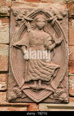 Edzell Castle, Angus, Schottland. Die aufwendige ummauerten Garten wurde 1604 angelegt. Dieser wall Plaque stellt eine der Planetaren Gottheiten. Stockfoto