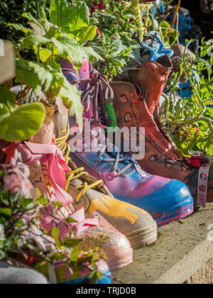 Blumen wachsen in bunt bemalten Stiefel als Pflanzer im Freien verwendet Stockfoto