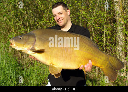 Lucky Fisherman Holding eine große Leder Karpfen. Süßwasser Angeln Stockfoto