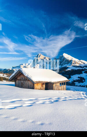 Sonnenuntergang über Langkofel und Plattkofel von Verschneiten Hütte, Seiseralm, Dolomiten, Südtirol, Italien Stockfoto