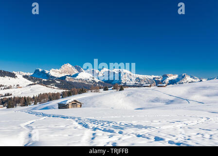 Berghütten in das verschneite Hochplateau der Seiser Alm, Dolomiten, Südtirol, Italien Stockfoto