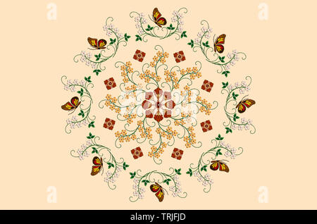 Oval Kranz der gestickten Schmetterlinge auf die Stengel mit Blättern und weißen Blüten mit einem Muster von gelben Blüten in der Mitte auf gelbem Hintergrund Stockfoto