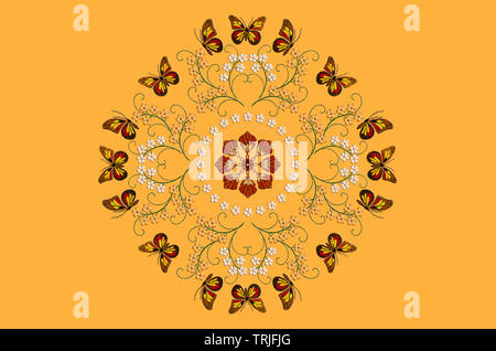 Runde Muster der gestickten Schmetterlinge auf den Stängel mit weißen Blumen und einen Rahmen von Blumen mit Muster in der Mitte auf orangefarbenem Hintergrund Stockfoto