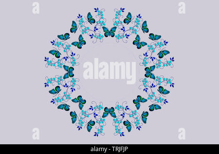 Kranz von bestickt grün-blaue Schmetterlinge auf die Stengel mit Blättern und bläulich Blumen, mit einem runden Rahmen von Perlen auf grauem Hintergrund Stockfoto