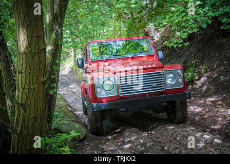 Red Land Rover Defender 110 4WD Auto Navigieren einer Green Lane, North Yorkshire Moors, UK. Stockfoto