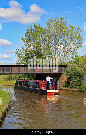 Eine schwarze und rote Kanal schmalen Boot unter einer Eisenbahn über die Brücke auf den Trent und Mersey canal auf einem blauen Ski Frühling in Cheshire. Stockfoto