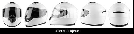 Gruppe von Weißen Motorrad carbon integral Helm auf weißem Hintergrund. motorsport Auto kart racing Transport Sicherheitskonzept Stockfoto