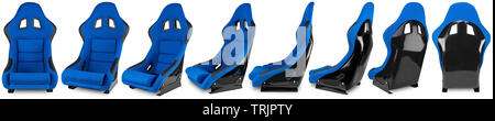 Set Sammlung von blau schwarz Carbon motorsport race car Tuning sim racing Schalensitz auf weißem Hintergrund Stockfoto