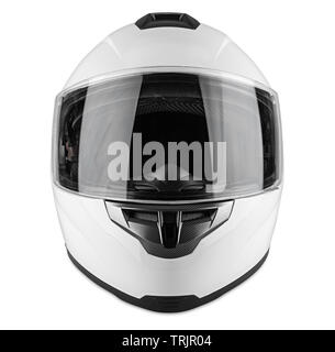 Weiße Motorrad carbon integral Helm auf weißem Hintergrund. motorsport Auto kart racing Transport Sicherheitskonzept Stockfoto