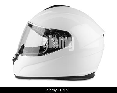 Weiße Motorrad carbon integral Helm auf weißem Hintergrund. motorsport Auto kart racing Transport Sicherheitskonzept Stockfoto