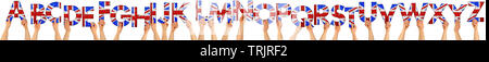 Alphabet abc Gruppe von Menschen die Buchstaben aus Holz mit Großbritannien Großbritannien Großbritannien Union Jack Flagge Farben isoliert auf weißem backgrou Stockfoto