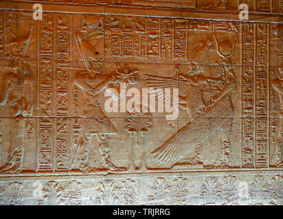 Wanddekorationen und Hieroglyphen der Götter Ra, Osiris und Horus im Tempel von Philae auf der Insel Agilkia in Lake Nasser, Ägypten Stockfoto