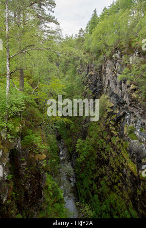 Corrieshalloch Gorge, eine beliebte Touristenattraktion, mit Fluss unten in der Tiefe riss mit Wäldern in der Nähe von Ullapool in Schottland gesäumt fließende Stockfoto