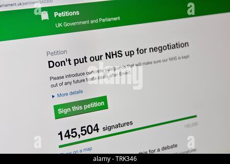 UK online Petition für nicht NHS bis zur Verhandlung nach Brexit Stockfoto