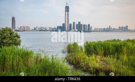 Skyline und Wuhan Yangtze mit supertall Wolkenkratzer im Bau 2019 in Wuhan Hubei China Stockfoto