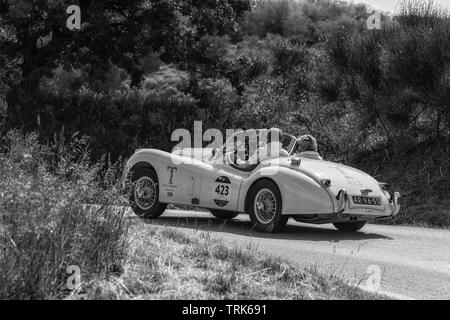 PESARO COLLE SAN BARTOLO, Italien, 17. Mai - 2018: Jaguar XK 120 OTS 1954 alten Rennwagen Rallye Mille Miglia 2018 die berühmte italienische historische Rennen Stockfoto