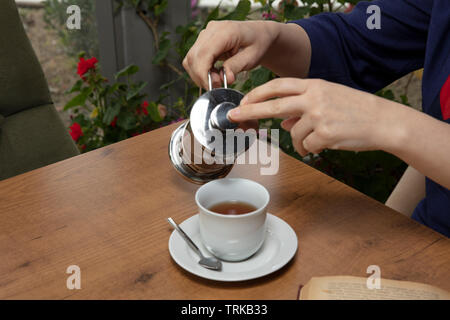 Winter tee Konzept. Frau Hände. Mädchen gießt Zitrusfrüchte Tee mit Zitronen und Orangen aus transparentem Glas Teekanne in eine Tasse. Stockfoto