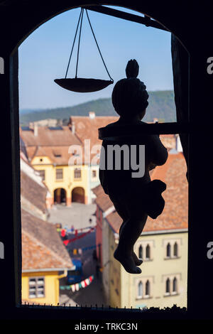 Altstadt von Sighisoara - Luftbild vom Clock Tower. Sighisoara, Mures, Rumänien. Stockfoto