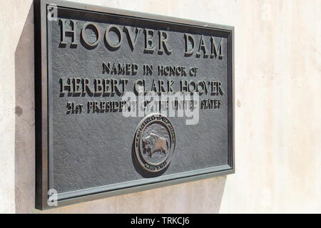 Plakette erinnern an den ehemaligen Präsidenten der Vereinigten Staaten Herbert Clark Hoover nach dem der Hoover Dam wurde genannt Stockfoto