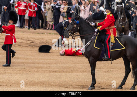 London, Großbritannien. 8. Juni 2019 die Farbe 2019, Geburtstag Parade der Königin auf horseguards Parade London in Anwesenheit Ihrer Majestät der Königin. Farbe TRABTEN durch die 1 Bataillon Grenadier Guards ein Wachen Büro große Niall Hall, der Regimental Adjutant des Irish Guards, kam von seinem Pferd in die Parade Credit Ian Davidson/Alamy leben Nachrichten Stockfoto