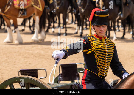 London, Großbritannien. 08 Juni, 2019. Die Farbe 2019, Geburtstag Parade der Königin auf horseguards Parade London in Anwesenheit Ihrer Majestät der Königin. Farbe TRABTEN durch die 1 Bataillon Grenadier Guards Credit Ian Davidson/Alamy leben Nachrichten Stockfoto