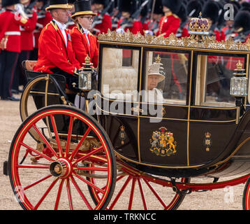 London, Großbritannien. 08 Juni, 2019. Die Farbe 2019, Geburtstag Parade der Königin auf horseguards Parade London in Anwesenheit Ihrer Majestät der Königin. Farbe TRABTEN durch die 1 Bataillon Grenadier Guards Credit Ian Davidson/Alamy leben Nachrichten Stockfoto