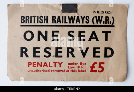 Vintage British Rail Sitzplatzreservierung Ticket Stockfoto