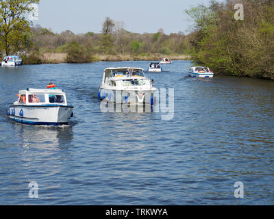 Motor Cruisers und Tag Boote geniessen Sie einen sonnigen Tag auf dem Fluss in der Nähe von Bure Wroxham auf der Norfolk Broads. Stockfoto