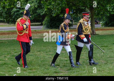 London, England - Juni 8, 2019: Ihre königliche Hoheit die Princess Royal, Oberst des Blues und Royals wandern in den Hyde Park zusammen mit Officer Stockfoto
