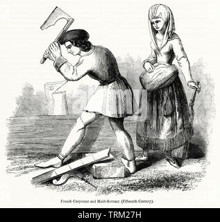 Französische Tischler und Maid-Servant (15. Jahrhundert), Illustration aus Johns Cassell Illustrated Geschichte Englands, Bd. I aus der frühesten Periode der Herrschaft von Edward der Vierten, Cassell, Petter und Galpin, 1857 Stockfoto