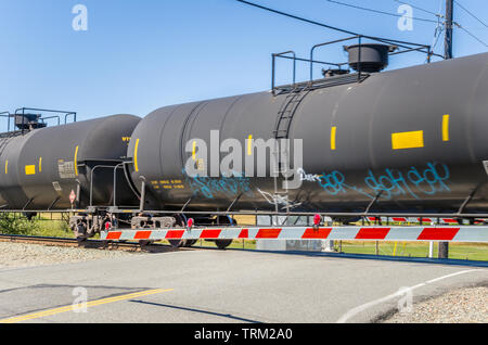 Zug mit Kesselwagen vorbei an einem Bahnübergang an einem klaren Sommertag Stockfoto