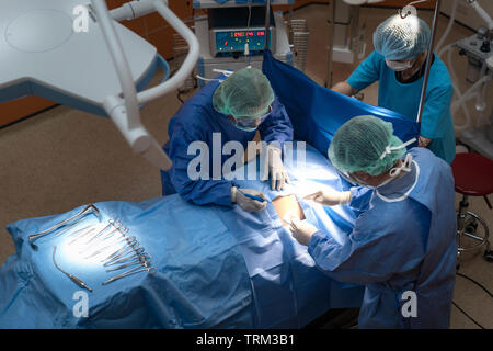Gruppe von Chirurgen bei der Arbeit im Operationssaal. Medizinisches Team Ausführen des Vorgangs Stockfoto
