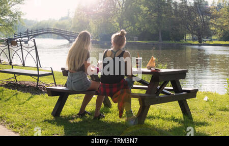 Im Park, in der Nähe des Lake Victoria, zwei junge Frauen genießen Sie einen Sommertag. Sie sind mit einem kleinen Snack. Stockfoto