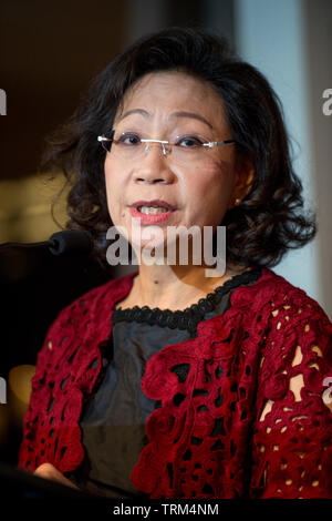 Hong Kong's First Lady Frau Regina Leung Tong Ching-Yee (Ehefrau von CY Leung der Hauptgeschäftsführer von HK) Die Women's Foundation in Hong Kong Gala Abend. Stockfoto