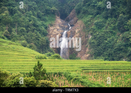 Blick auf den Wasserfall im Tal auf Reis Bereich Reihenhaus Stockfoto