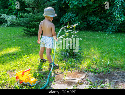 Little boy Bewässerung Rosenbusch mit einem Schlauch. Stockfoto