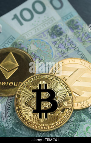 Physische Bitcoin, Litecoin und des Astraleums Goldmünzen mit polnischen Währung (PLN) auf einem schwarzen Stein Schiefer Platte mit Kette. Abstrac Cryptocurrency exchange Stockfoto