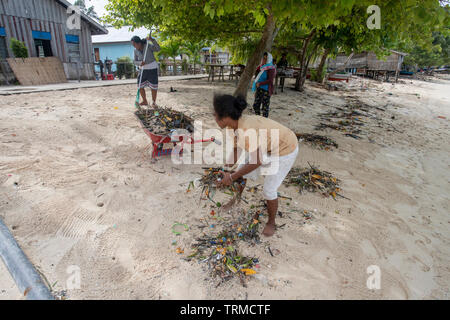 Insel Papua Dorfbewohner Clearing bis Kunststoff marine Müll am Strand gedumpten in Manyaifun während einer windigen Tag auf der Insel Batang Pele, West Wa Stockfoto