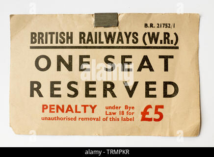 Vintage British Rail Sitzplatzreservierung Ticket Stockfoto