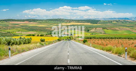 Eine malerische Straße an einem heissen Sommertag in der Sierra Nevada mit schneebedeckten Bergen im Hintergrund, Andalusien, Spanien. Stockfoto