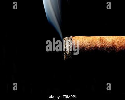Rauchen Havanna auf schwarzem Hintergrund Stockfoto