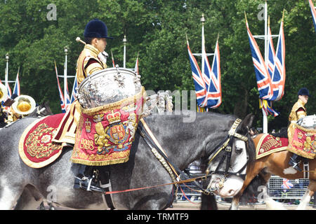 Militärische Trommel Pferde auf der Mall für die Farbe 2019, Mercury Household Cavalry Drum Pferd Stockfoto