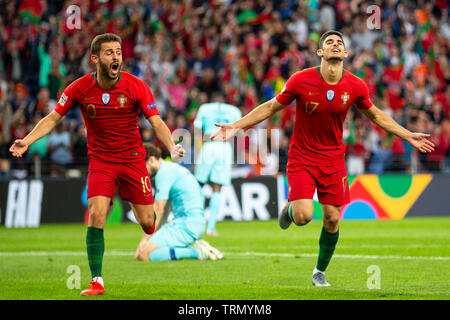 Portugals Spieler Gonçalo Guedes gesehen wird, feiert das erste Ziel während des Spiels für die UEFA Nationen Liga Finale auf Dragon Stadium am 9. Juni 2019 in Porto, Portugal. (Endstand; Portugal 1:0 Niederlande) Credit: Diogo Baptista/SOPA Stockfoto