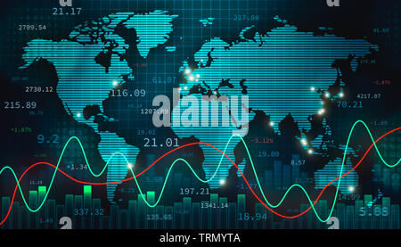 Börse Devisen- oder forex Abbildung mit der Weltkarte, Infografiken und Zahlen. Internationale Finanzen, Handel und Wirtschaft Konzept. Stockfoto
