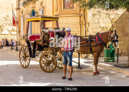 Valetta, Malta - 13. September 2015: ein Fahrer steht von seinem Pferd und Wagen. Sie werden von den Touristen für Ausflüge genutzt. Stockfoto