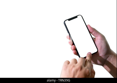 Mockup Hände halten Handy mit leerer Bildschirm Stockfoto