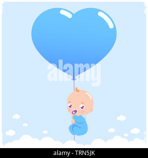 Ein süßer neugeborener Junge am Himmel, der einen blauen Herzballon hält. Babyparty mit Ballon am Himmel. Stockfoto