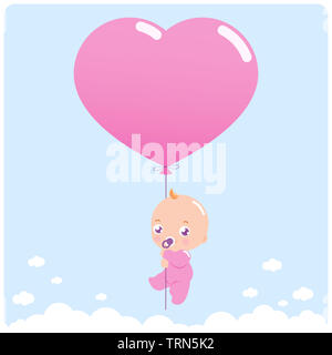 Ein süßes neugeborenes Mädchen am Himmel, das einen rosa Herzballon hält. Babyparty mit Ballon am Himmel. Stockfoto