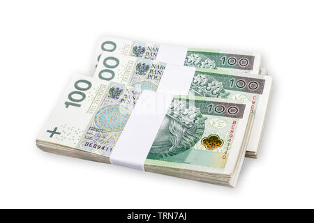 Bundles der polnischen 100 zloty Banknoten. Auf weiß isoliert. Pfad enthalten. Stockfoto